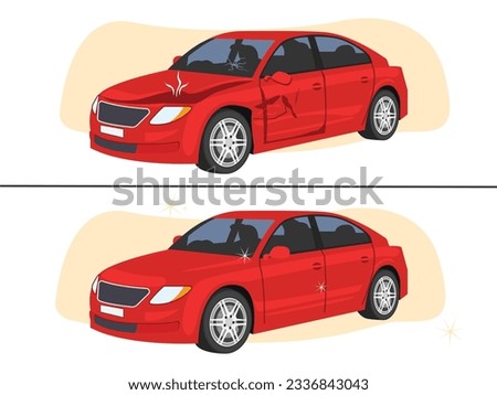 Car repair, before and after the repair of the crashed car.