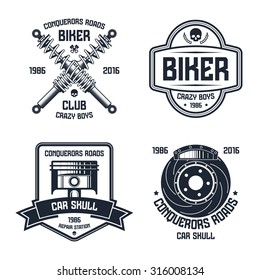 Car repair and biker club emblems. Graphic design for t-shirt. Black print on white background