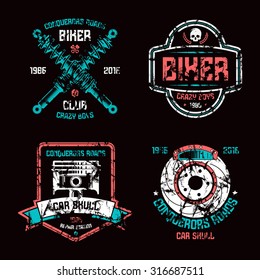 Car repair and biker club emblems. Graphic design elements with shabby texture for t-shirt. Color print on black background