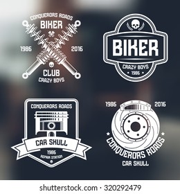 Car repair and biker club emblems. Graphic design elements for t-shirt. White print on blurred background