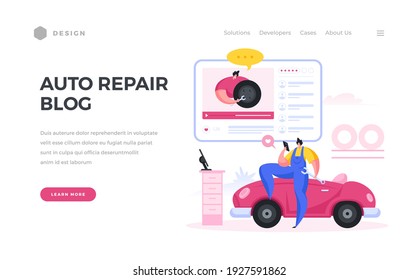 Car Repair Blog Home Page Banner. Male Mechanic Character Looks Through An Online Lesson Changing Car Tires In Smartphone. Repair And Maintenance Technicians Using Web Specialists Vector Template.