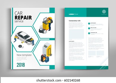 Car repair brochure design. Green square figure text frame surface. A4 brochure cover design. Fancy title sheet model. Creative vector front page art. Banner form texture. Flyer fiber font