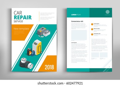 Car repair brochure design. Green square figure text frame surface. A4 brochure cover design. Fancy title sheet model. Creative vector front page art. Banner form texture. Flyer fiber font