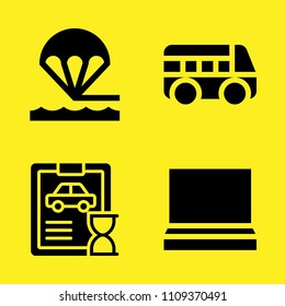 car repair, bus, parachute and laptop vector icon set. Sample icons set for web and graphic design