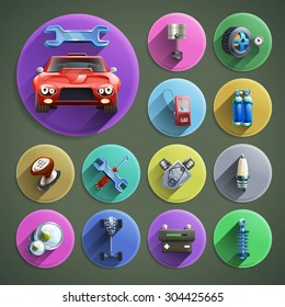 Car repair cartoon round shadow icons set with service and spare parts on grey background isolated vector illustration 