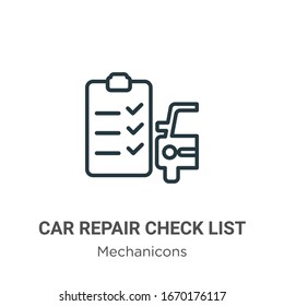 Icono del vector de esquema de la lista de comprobación de reparación de Camiones. Icono de lista de comprobación de reparación de camión negro en línea delgada, ilustración de elemento simple vectorial plano a partir del concepto mecánico editable trazo aislado en fondo blanco