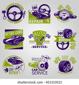 Car repair in color emblem set on service station best choice and different slogans vector illustration 