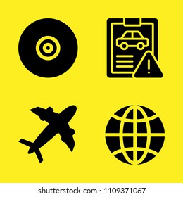 car repair, compact disc, plane diagonal silhouette and global vector icon set. Sample icons set for web and graphic design