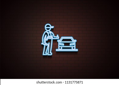 car repair is completed icon in Neon style on brick wall on dark brick wall background