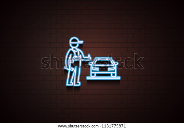 car repair is completed icon in Neon\
style on brick wall on dark brick wall\
background