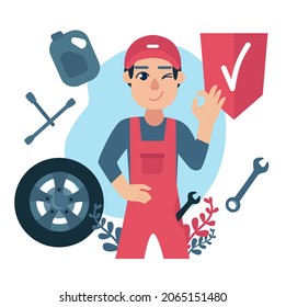 Car repair concept. Auto mechanic services, car service. Male car mechanic in uniform shows The OK or ring gesture. Repair tools - wheel, tire, wrench, canister, 