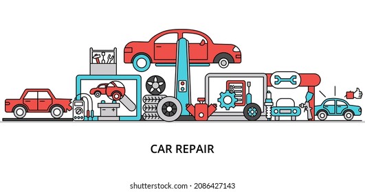 Car Repair concept, flat line design vector illustration, for graphic and web design