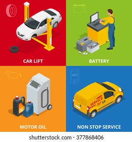 Car repair concept. Tire service, meter, Auto mechanic, maintenance car-repair and working 3d flat set.