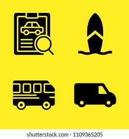 car repair, delivery van, bus and surfboard vector icon set. Sample icons set for web and graphic design
