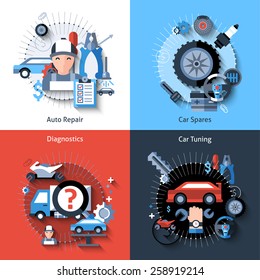 Car repair design concept set with auto spares tuning diagnostics flat elements isolated vector illustration