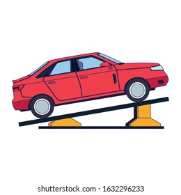 car repair design of elevated car in a lifting icon over white background, vector illustration