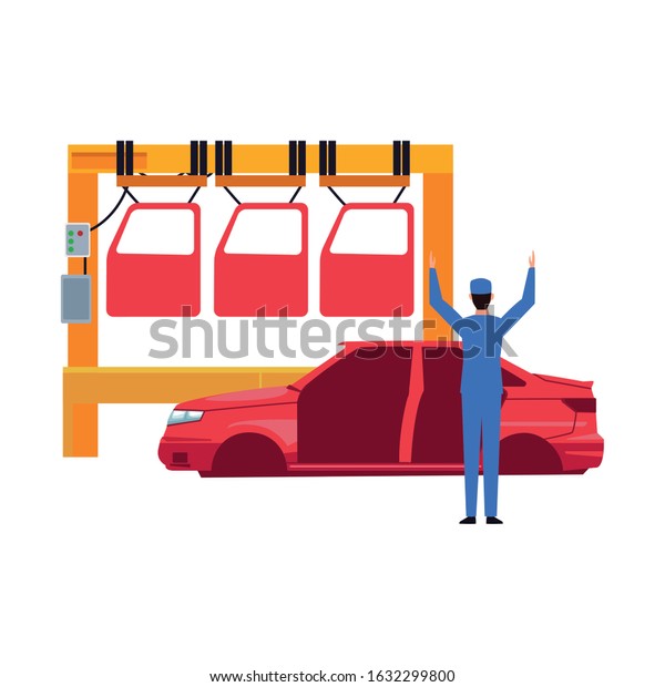 car repair design of machine with cars doors\
and mechanic with car body over white background, colorful design,\
vector illustration