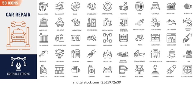 Car Repair Editable Line Icon set. Containing Auto service, car repair, car service, maintenance and garage icon. Vector Illustration