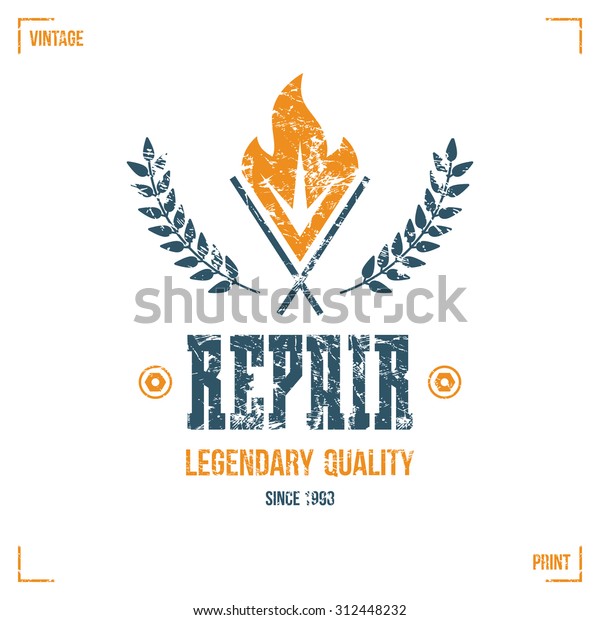 Car repair emblem in retro
style. Graphic design for t-shirt. Color print on  white
background