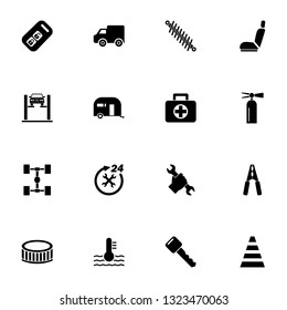 Car Repair - Expand to any size - Change to any colour. Perfect Flat Vector Contains such Icons as truck, shock absorber, 24 service, suspension, key, car lift, fire extinguisher, first aid kit, cone