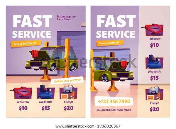 Car repair\
fast service cartoon ad posters,\
garage