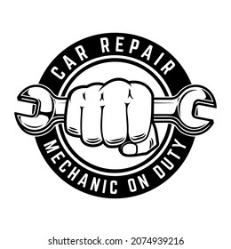 Car repair. Fist with wrench. Design element for logo, emblem, sign, poster, t shirt. Vector illustration