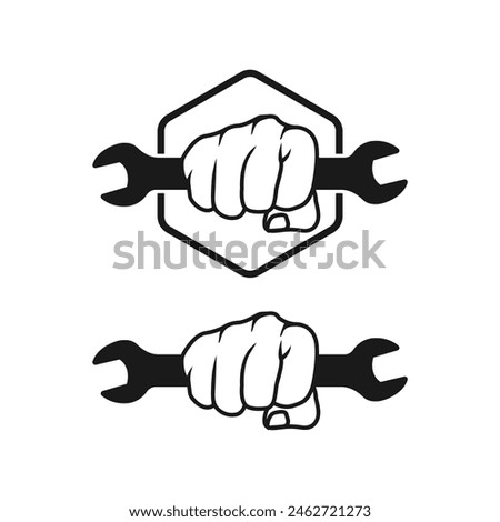 Car repair. Fist with wrench. Design element for logo, emblem, sign, poster, t shirt.