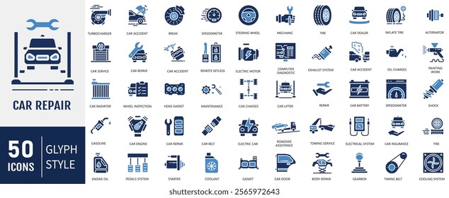 Car Repair Flat Icon set. Containing Auto service, car repair, car service, maintenance and garage icon. Vector Illustration