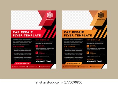 car repair flyer template designs with space for photo collage on top. Combination red and gold on element design, black on background, and white in text. Vertical layout of ad. diagonal shape. 