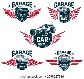 Car repair, garage, auto service emblems. Design elements for logo, label, sign. Vector image