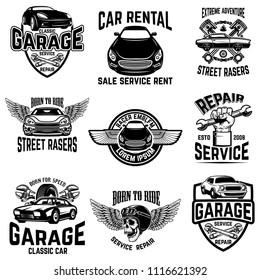 Car repair, garage, auto service emblems. Design elements for logo, label, sign. Vector image