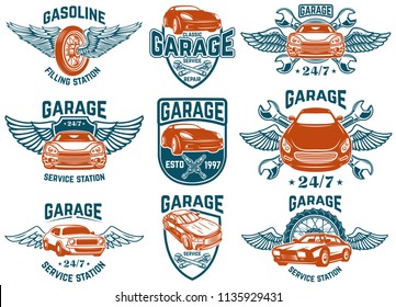 Car repair, garage, auto service emblems. Design elements for logo, label, sign. Vector image