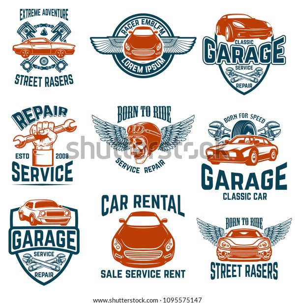 Car repair, garage, auto\
service emblems. Design elements for logo, label, sign. Vector\
image