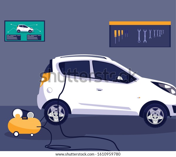 Car in repair garage design, Automobile auto\
transportation vehicle transport wheel automotive and speed theme\
Vector illustration