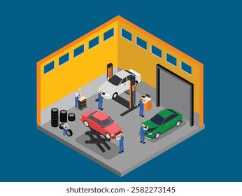 Car Repair Garage with Mechanics Working on Vehicles 3d isometric vector illustration