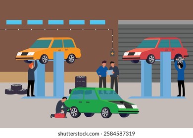 Car Repair Garage with Mechanics Working on Vehicles 2d flat vector illustrations