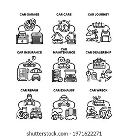 Car Repair Garage Set Icons Vector Illustrations. Car Maintenance And Care Service, Vehicle Wreck And Insurance, Dealership And Journey. Environment Exhaust Ecology Problem Black Illustration