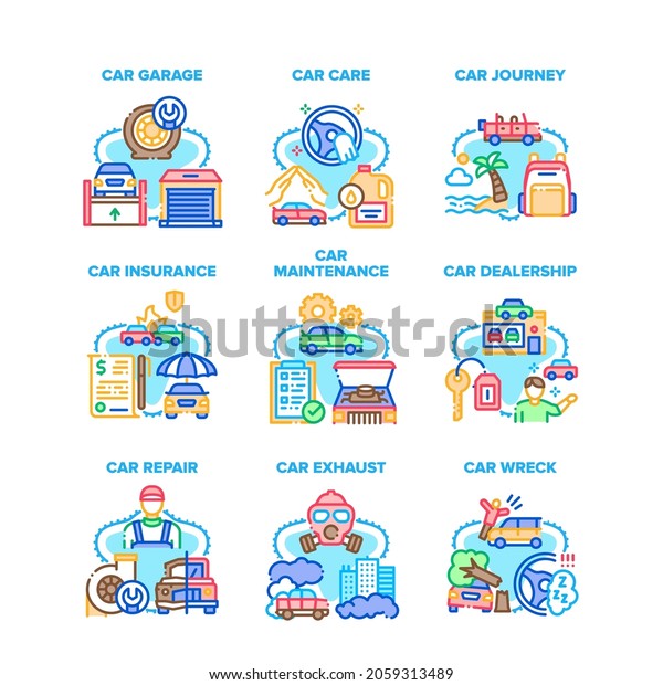 Car Repair Garage Set Icons Vector\
Illustrations. Car Maintenance And Care Service, Vehicle Wreck And\
Insurance, Dealership And Journey. Environment Exhaust Ecology\
Problem Color\
Illustrations