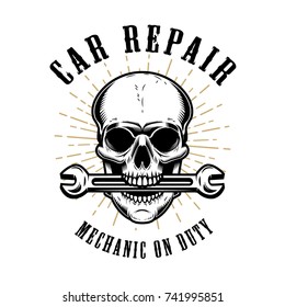 Car repair. Human skull with wrench in mouth. Design elements for poster, emblem, sign, t shirt. Vector illustration