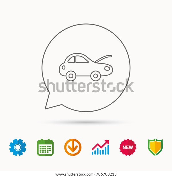Car\
repair icon. Mechanic service sign. Calendar, Graph chart and\
Cogwheel signs. Download and Shield web icons.\
Vector