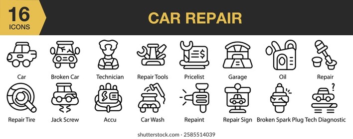 Car Repair icon set. Includes service, repair, vehicle, car, garage, and More. Outline icons vector collection.