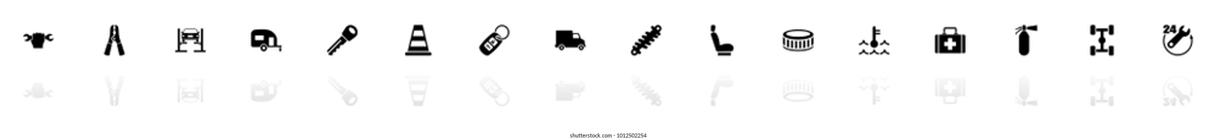 Car Repair icons - Black horizontal Illustration symbol on White Background with a mirror Shadow reflection. Flat Vector Icon.