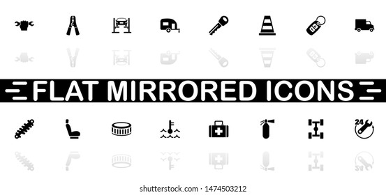 Car Repair icons - Black symbol on white background. Simple illustration. Flat Vector Icon. Mirror Reflection Shadow. Can be used in logo, web, mobile and UI UX project.