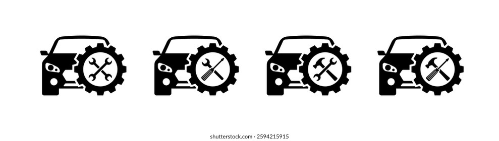 Car repair icons featuring tools and gears in black and white design. Vector icon