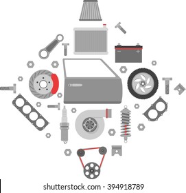 Car repair icons in flat style.  Set of auto spare parts. Vector illustration EPS10.