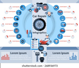 Car repair infographics set with auto mechanic symbols and charts vector illustration