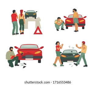 Car repair and insurance, roadside assistance or towing service set with people characters. Aid of repairman, automobile crash inspector or insurance agent. Flat vector illustration isolated.