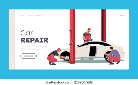 Car Repair Landing Page Template. Male Characters Wear Uniform Replace Tyres at Mechanic Workshop. Roadside Vehicle Service Workers Mount Tires at Garage. Cartoon People Vector Illustration