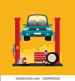 Car repair. Car lifted on auto lift. Vector