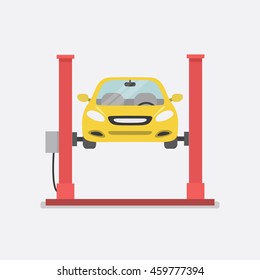 Car repair. Car lifted on auto lift. Vector